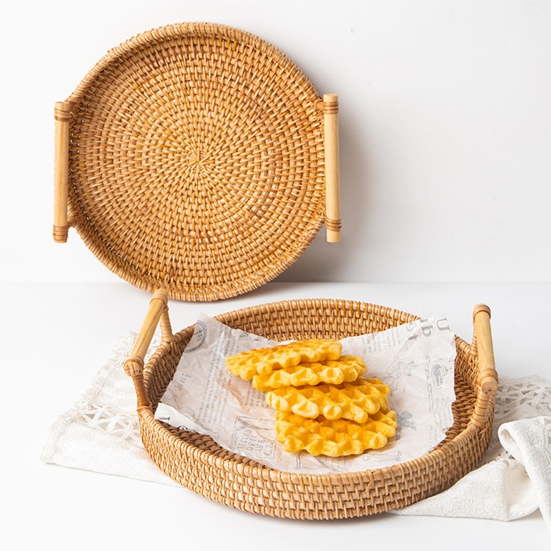 Hand Woven Round Rattan Serving Tray Bread Fruit Dessert Snack
