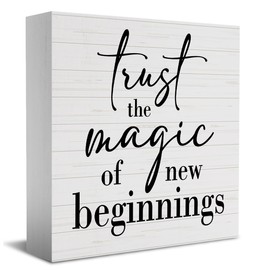 Inspirational Quotes Sign Desk Decor Wooden Box Sign Housewarming Gift Rustic Wood Block Plaque Box Sign for Home Farmhouse Office Kitchen Bathroom Shelf Table Decoration Magic of New Beginnings Sign