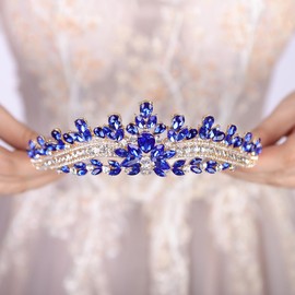 Teyglen Blue Crystal Crown and Tiara for Women Wedding Rhinestone Princess Tiaras Headband Bridal Hair Accessories for Party Prom Brithday (Blue)