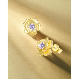 14K Gold Plated June Alexandrite Rose Stud Earrings, Hypoallergenic with 925 Sterling Silver Posts, Birthstone Jewelry for Women, Dainty Anniversary Birthday Gifts