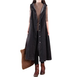 EXPOING Long Denim Vest for Women Sleeveless Jeans Jacket Hooded with Pockets Wide Hem Loose Casual, Black, XX-Large