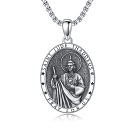 Seiyang Saint Jude Thaddeus Medal 925 Sterling Silver St Jude Amulet Pendant Patron Saint of Lost Causes Jewelry Saint Jude Protect Us Medallion Necklaces Religious Catholic Gift for Men Women