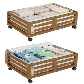 Wisuce Bamboo Under Bed Storage Containers- Underbed Organizer with Wheels with Large Dust Bag,Sturdy Wood Rolling Under the Bed Shoe Storage Organizer Drawer 2 Packs (Walnut, Small)