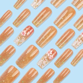 BABALAL Gold Glitter Press on Nails Long Coffin False Nails Nude Acrylic Fake Nails with Pink Flowers Design Glue on Nails Coquette Stick on Nails for Women Girls Ballerina Full Cover Tips 24 Pcs