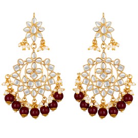 Aheli Faux Kundan Maroon Pearl Wedding Chandbali Earrings Indian Traditional Bollywood Jewelry Gift for Women