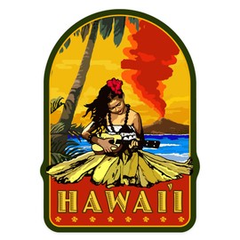 Die Cut Sticker Hawaii, Hula Girl and Ukulele, Vinyl Sticker, (Waterproof Decal for Cars, Water Bottles, Laptops, Coolers), Large
