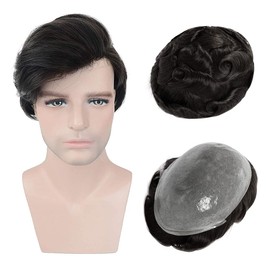Amiable Toupee for Men, Mens Hairpieces Human Hair Mens Wig Human Hair Replacement System Singleknot 0.05mm PU Thin Skin Black Male Hair Units mens toupee huaman hair (singleknot0.04-0.06mm, 1B)