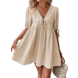 IDEALSANXUN Linen Dresses for Women 2025 Spring Summer Beach Tie Front V Neck Short Sleeve A Line Cute Flowy Swing Mini Sundress,Beige,XXL