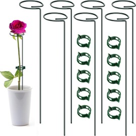 16 Inch Plant Support Stakes (Pack of 7), Garden Single Stem Amaryllis Flower Stake, Metal Plant Cage Support Rings Plants Support Sticks with 10 PCS Plant Clips