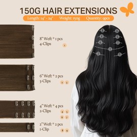 DOORES Hair Extensions Real Human Hair, Chocolate Brown 150g 9pcs 24 Inch, Hair Extensions Clip in Remy Hair Extensions Clip in Human Hair Natural Hair Extensions Straight Thick Hair Extensions