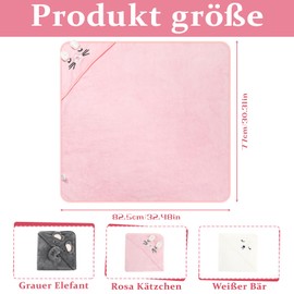 Kaisibum 3-Piece Hooded Towel Baby Set, 80 x 80 cm Baby Bath Towel Set, Baby Washcloth with Hood, Soft & Super Absorbent, Cute Bath Poncho, Baby Bath Towel, Unisex Baby