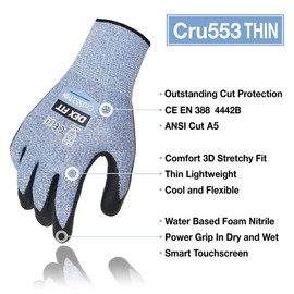 DEX FIT 15 Gauge Level 4 Thin Cut Protection Gloves Cru553; Firm Grip, 3D Comfort Fit, Lightweight and Durable, Touchscreen Compatible for Precise Work, Washable, Blue M (8) 1 Pair