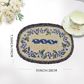 Handmade Woven Print Jute Braided Placemats Set of 4 Handwoven Reversible Boho Farmhouse Vintage Placemats for Kitchen Dining Tables Decor Weddings Indoor & Outdoor Natural (Brown Blueberries, Small)