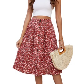 Naggoo Womens Daisy Print Skirt A-Line High Waist Casual Midi Skirts Red Floral XL