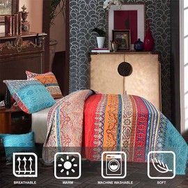 Nanko Quilt Set Queen Full Size 3 Pcs, Boho Red & Blue Colorful Vintage Striped Bedspreads, Soft Lightweight Coverlet Bed Spreads, Bohemian Thin Quilted Comforter Bedding Sets for Women Men, 90 x 90