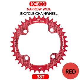 QIAMNI 104 BCD 32T 34T 36T 38T Narrow Wide Single Chain Ring with 4 Pieces Sprocket Bolts for Road Bikes, Mountain Bikes, BMX MTB Bike (Red, 38T)