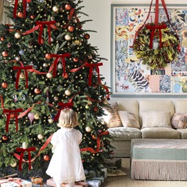 12PCS Red Velvet Bows for Christmas Tree, Bows for Christmas Tree, Garland Red Velvet Bows Ornaments for Christmas Tree with Gold Twist Ties (B)