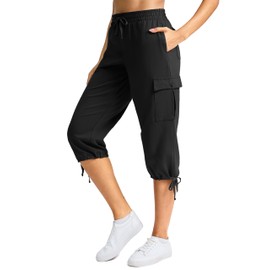 SANTINY Womens Cotton Cargo Capris Soft Stretch Drawstring Travel Casual Capri Pants for Women with 6 Pockets(Black_S)