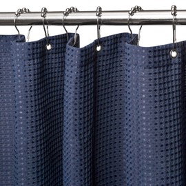 Waffle Shower Curtain with Metal Shower Curtain Rings Fabric Textile Bath Curtain Anti-Mould Bathroom Curtain Waterproof Bath Curtain Heavy Shower Curtain Bathroom - 92 x 182 cm (Navy Blue)