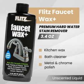 Flitz Faucet Wax Plus - 3.4oz Bottle of USA-Made, Water-Based Faucet Cleaner & Polisher for Water Stains, Fingerprints, & More - Metal Wax for Bronze, Nickel, Chrome, Brass - Granite Polish (1 Pack)