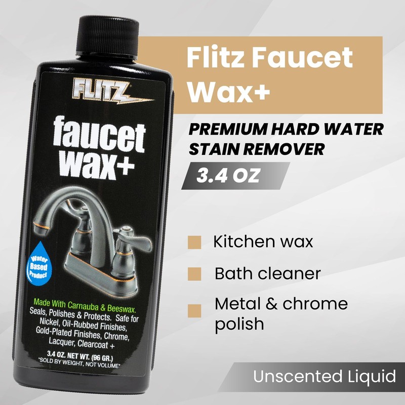 Flitz Faucet Wax Plus - 3.4oz Bottle of USA-Made, Water-Based