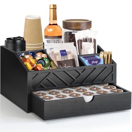 Coffee Bar Organizer with Drawer, Coffee Station Organizer for Countertop, Wood Coffee Bar Accessories Organizer for Coffee Bar Decor, Farmhouse Coffee Cup Pod Holder Condiment Organizer(Black)