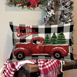 GOOESING Christmas Throw Pillow Covers 16x24 Inch Farmhouse Christmas Decorations Red Truck with Xmas Tree Buffalo Plaid Linen Decorative Throw Pillow Cover Cushion Case for Sofa Couch