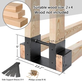 MOFEEZ Outdoor Firewood Log Storage Rack 2x4 Bracket Kit, Fireplace Wood Storage Holder, Adjustable to Any Length - Silver Black, Two Bases