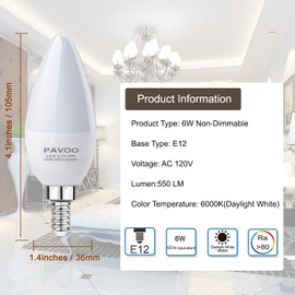 PAVOO - Bombilla E12 para lámparas equivalentes a 60 W, luz blanca diurna 6000 K, 6 W, 600 lúmenes, 6 unidades