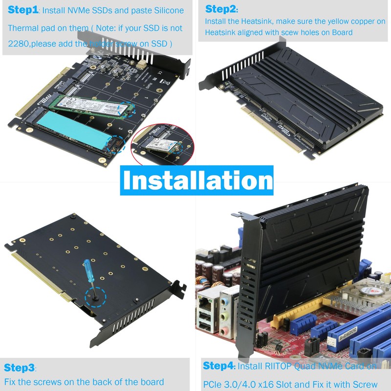 Quad NVMe PCIe Adapter, RIITOP 4-Port NVMe to PCI-e 4.0/3.0