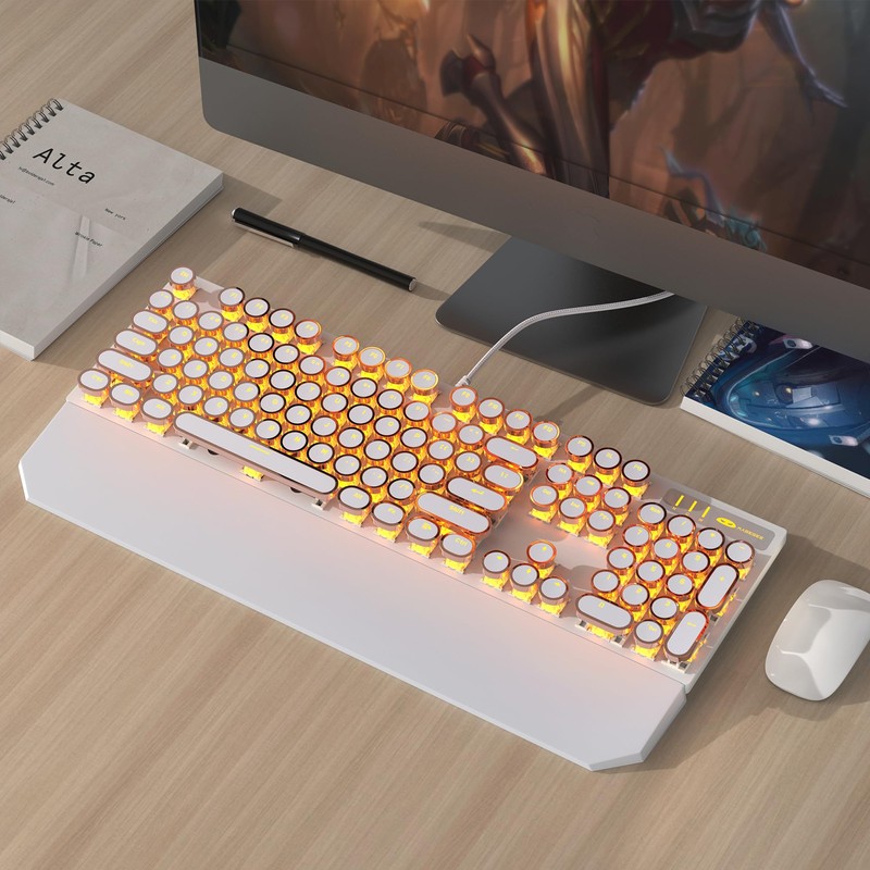 MageGee Typewriter Mechanical Gaming Keyboard, Retro Gold Punk Round Keycaps