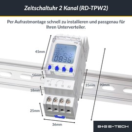 Digital 2 Channel Timer [TPW2] for DIN Rail for Installation in Control Cabinet - LCD Display Illuminated - Weekly Timer with 90 Program Slots - Weekly / Daily Program Timer and Pulse