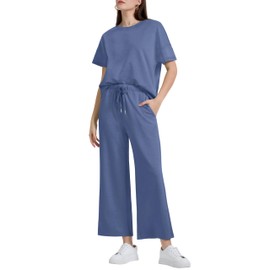 XIEERDUO Womens Two Piece Short Sleeve Outfits Summer Athleisure Wear For Women Sweat Sets 2 Piece Pants Blue 2XL