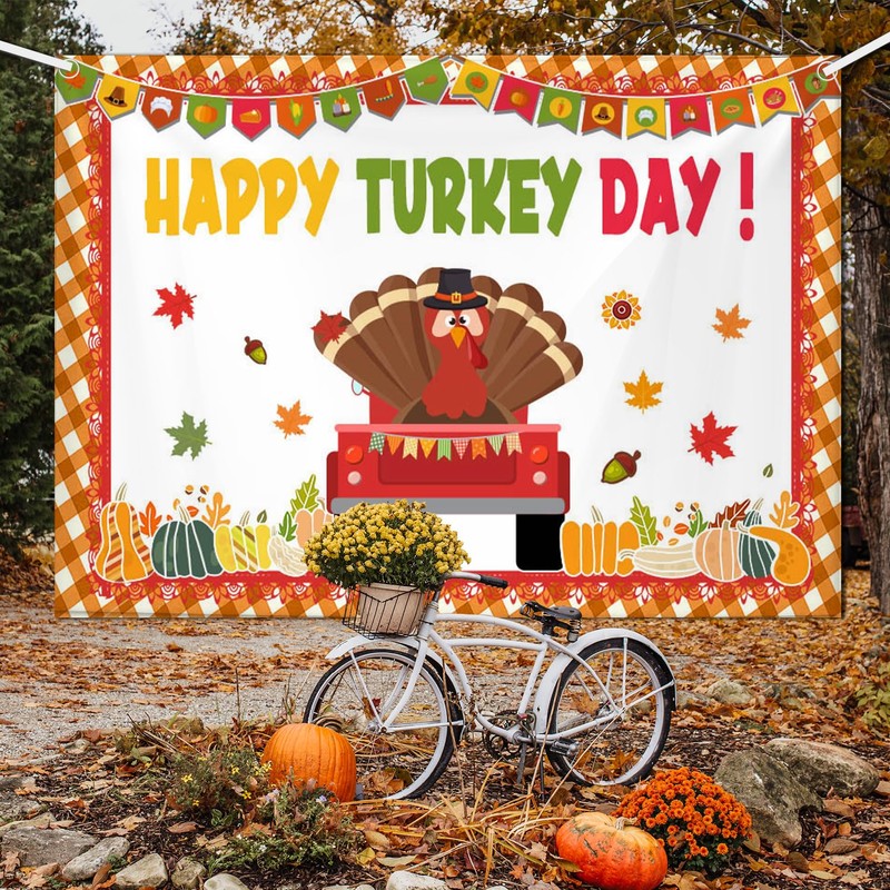 AIBIIN 7x5ft Thanksgiving Happy Turkey Day Banner Backdrop Pumpkin Turkey