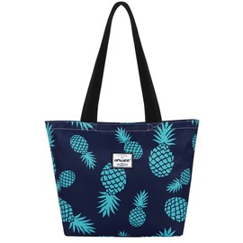 HAWEE Tote Bag with Zipper for Women Inside Mesh Pocket Heavy Duty Casual Anti-water Cloth Travel Shoulder Handbag, Pineapple Dark Blue
