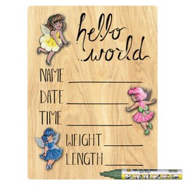 Cohas Hello World Newborn Baby Announcement Printed Wood Sign with Fairy Theme, 9 by 12 Inches, Green Marker