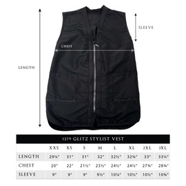 Betty Dain Glitz Rhinestone Zipper Salon Stylist Vest, Rhinestone Closure and Iridescent Fabric, V-Neckline, Adjustable Belt, Pockets with Zippered Bottoms, Water Resistant Lightweight, Black, S