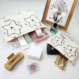 GUMITOON Corduroy Cosmetic Bags for Women Smile Makeup Organizer Storage Makeup Bag Large Capacity Purse Travel Toiletry Zipper Storage Pouch Make up Brushes Organizer, Star-off white