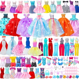 Style Shine 56 Pcs Doll Clothes and Accessories,2 Wedding Gowns 2 Evening Dresses 6 Fashion Dresses 4 Set Casual Outfit Top and Pant 2 Swimsuit,20 Hanger 10 Shoe 10 Accessories Toys for Girls Kid Gift
