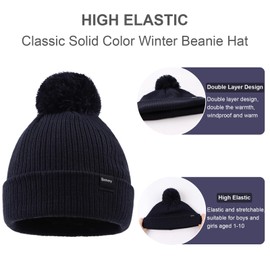 Bamery Classic Solid Kid Winter Hat Scarf Set Knitted Toddler Hat Neck Warmer Boy and Girl Pompom Beanie (Navy Set, 3-10 Years)