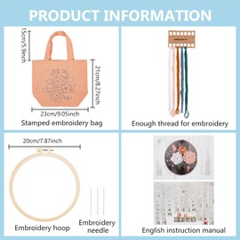 FREEBLOSS Embroidery Kit for Tote Bag Made of Orange Canvas for Beginners, Flower Embroidery Handbags Set, Orange Canvas Bag, Hand Stitch Embroidery Lunch Bag Set with Frame and Yarn