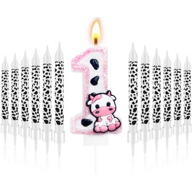 13 Pcs Cow Themed Birthday Candles - 0 to 9 Pink Cow Number Candle & Cow Print Candles, Cowgirl Theme Candle for Girls Birthday Party Decor, Holy Cow Im One Birthday Decorations (Number 1)
