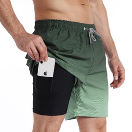 iCKER Swimming Trunks Men's Compression Liner 2 in 1 Swimming Shorts Board Shorts Quick-Drying Beach Shorts, Green (military green)