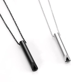 Sarini 2PCS Stainless Steel Whistle Meditation Mindful Breathing Relieve Anxiety Yoga Stainless Steel Pendant Necklace (Black + Silver)