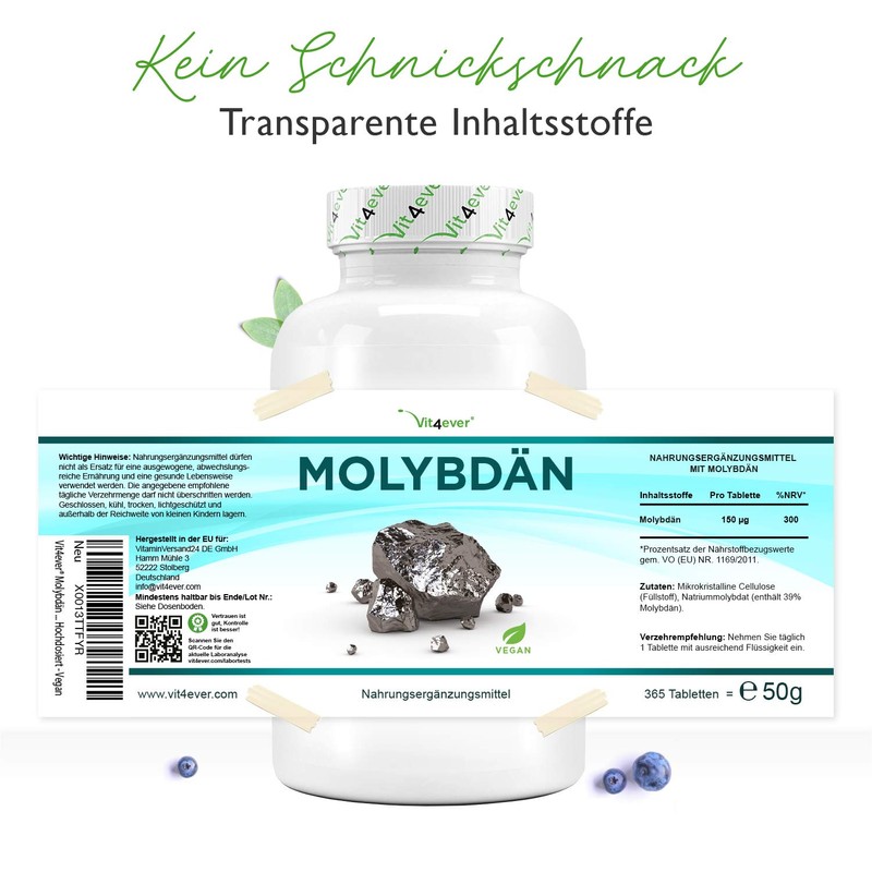 Molybdenum, 150 mcg, 365 tablets for one year, pure sodium