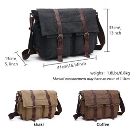 Vintage Canvas Messenger Bag, 15.6 Inch Laptop Crossbody Satchel with Multi-Pocket and Adjustable Shoulder Strap