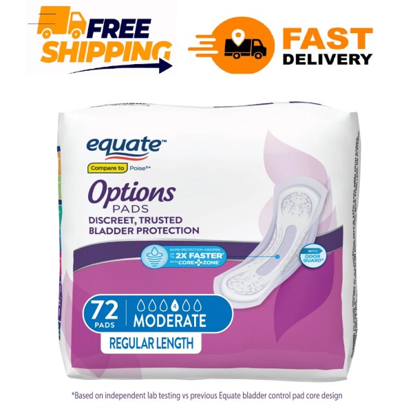 Equate Options Moderate-Heavy Incontinence Pads for Women, 72 Count, White
