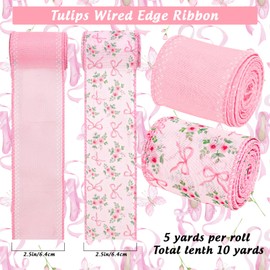 JarThenaAMCS 2 Rolls Pink Bow Flower Wired Edge Ribbon 2.5 Inch Spring Vintage Floral Craft Ribbon Coquette Bowknot Fabric Wrapping Ribbon for Bow Wreath Party Home Decor, 10 Yards