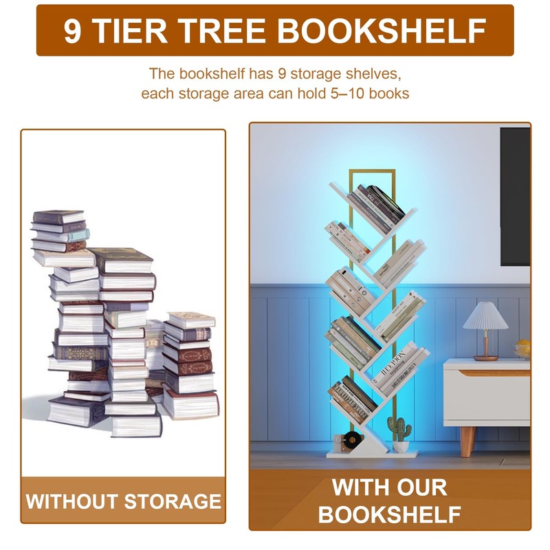 Qupui Tree Book Shelf with LED Lights, 9 Tier Floor