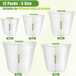 GOTVUGE Orchid Pots Variety 12 Packs (4.3in / 5in x 3, 5.6in / 6in / 6.8in x 2), Clear Orchid Planter Pots with Holes for Repotting, Clear Nursery Pots for Orchid Repotting Kit